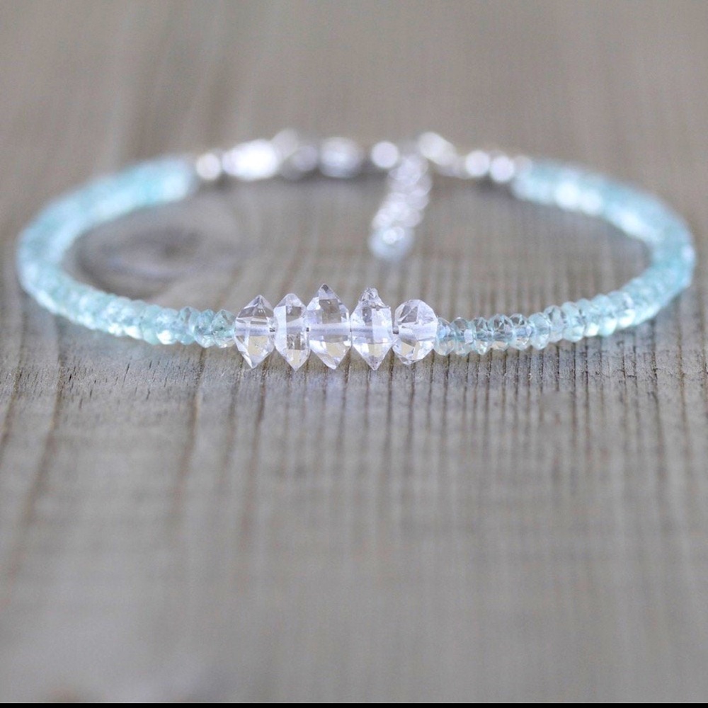 Herkimer Diamond & Aquamarine Beaded Bracelet Sterling Silver, Layering Stacking